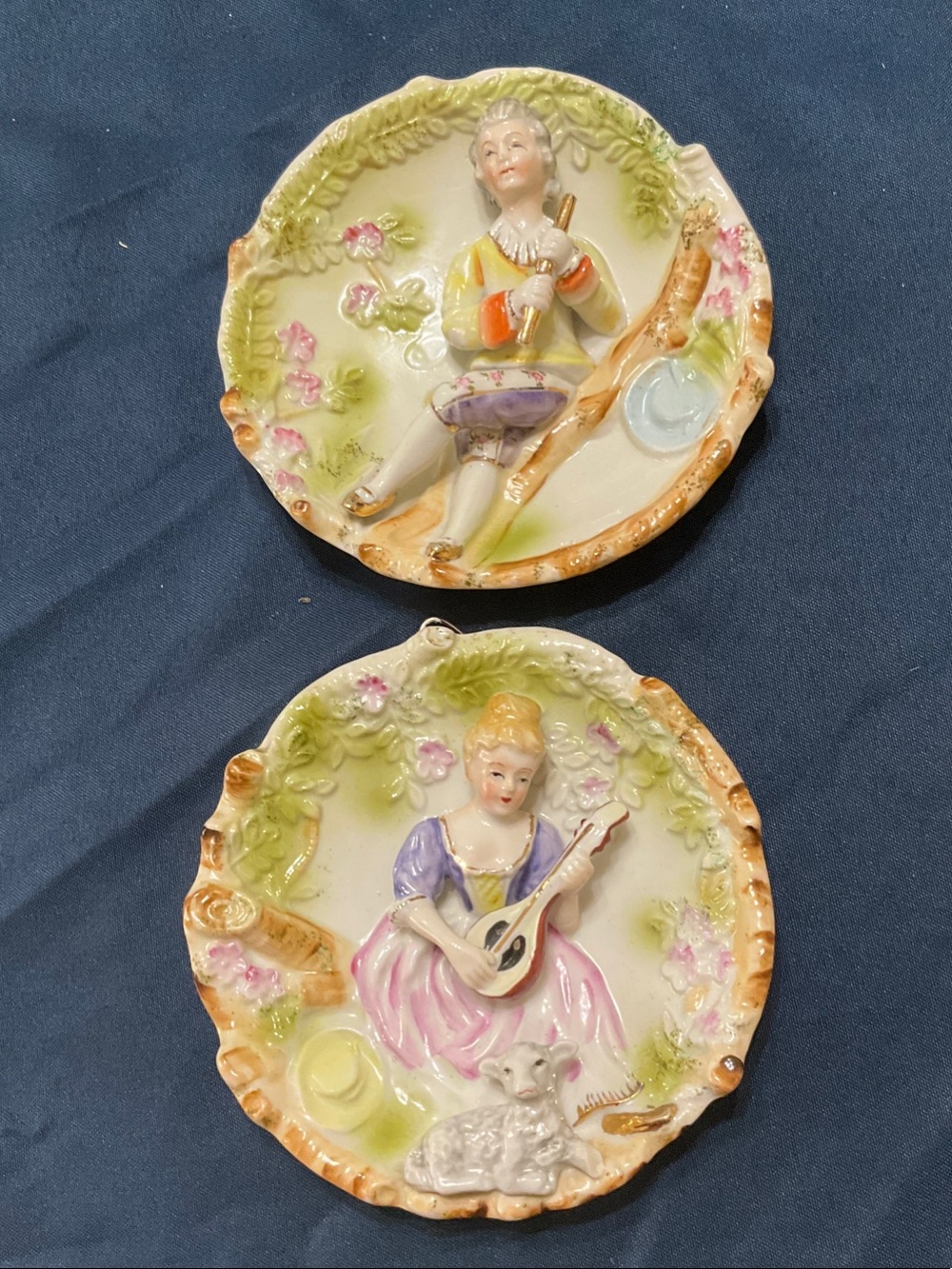Lenwile Ardalt -Painted Pastel Bisque Wall Plates with Musical Figurines -